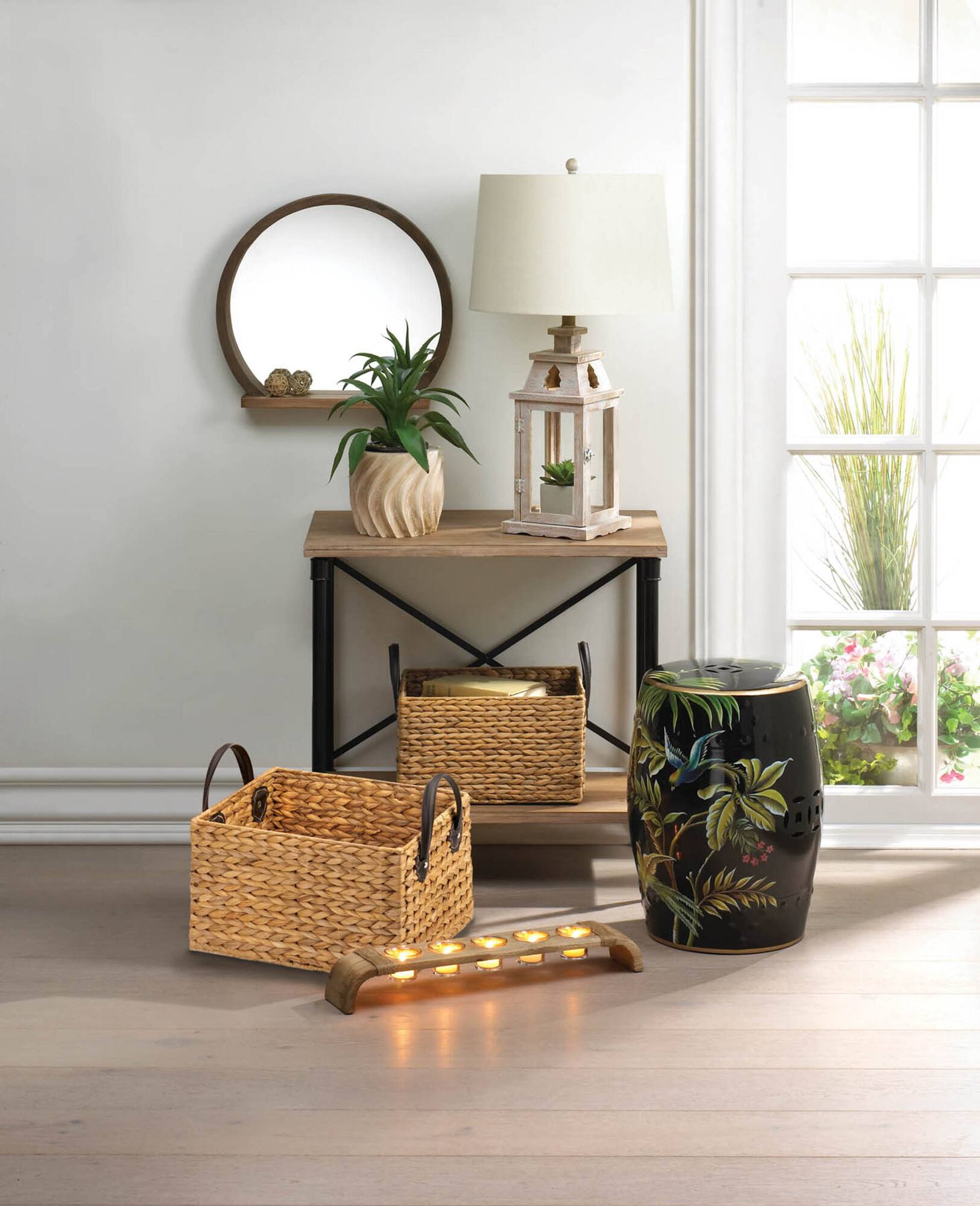Round Wooden Mirror with Shelf